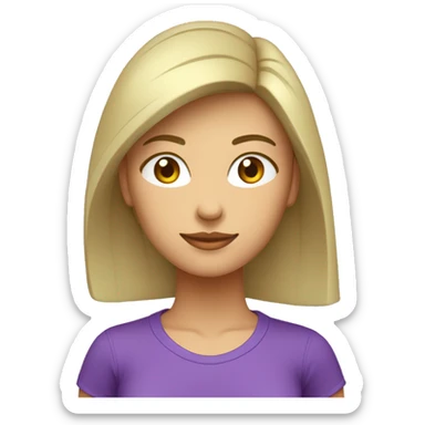 Femme aux cheveux longs châtains lisse avec peau claire avec les yeux verts et avec un t-shirt violet sticker