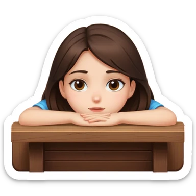  A brunette girl innocently peeking up from behind a table face view  sticker