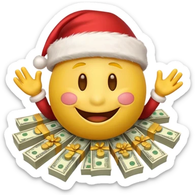 A festive 3D emoji style yellow smiley face wearing a Santa hat, surrounded by stacks of cash and dollar bills, joyful expression, Christmas and New Year theme, high quality, clean design, studio lighting, no text, no background, isolated object, transparent background, emojis.com style sticker