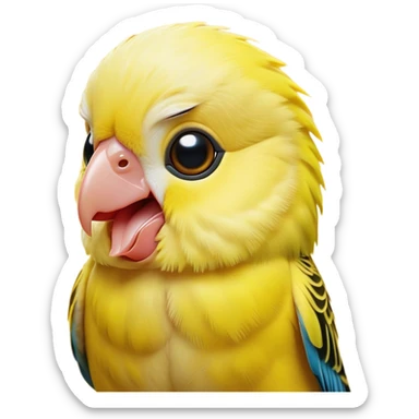 Cinematic Comical Yellow Budgie Portrait Emoji, Head tilted dramatically with an exaggeratedly amused expression, featuring a striking yellow feathered fur with a glossy finish, wide, expressive dark eyes filled with playful disbelief, Simplified yet hilariously expressive features, highly detailed, glowing with a slightly sassy glow, high shine, dramatic yet playful, stylized with an air of cheeky mischief, bright and endearing, soft glowing outline, capturing the essence of a spirited and over-the-top budgie, so meme-worthy it feels like it could side-eye its way into internet fame instantly! sticker