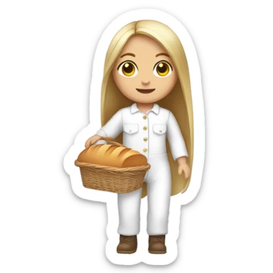 cute white doll, with jumpsuit, white shirt in it, long straight hair, holding a bread basket sticker