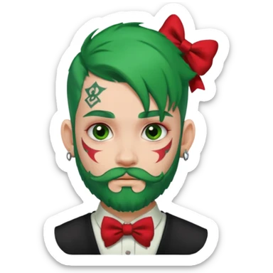 boy with bangs and green hair and red hairbow on side and earrings and very heavy face tattoos and beard sticker