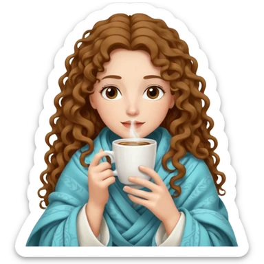 Gözleri kapalı, beyaz tenli ve uzun kıvırcık saçlı bir kadın avatar, battaniyeye sarılmış halde beyaz bir Türk kahvesi fincanından içeceğini huzurla yudumluyor. sticker