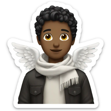 boy with black hair has the scarf and angel wings sticker