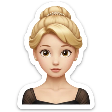 Cinematic Realistic Ballerina Portrait, depicted with lifelike skin texture, subtle rosy undertones, and soft natural lighting that enhances the gentle contours of her face. Her intricately detailed golden blonde hair is elegantly styled in an updo, sticker