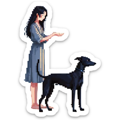 A very beautiful and attractive 25-year-old Japanese woman with long flowing black hair gently petting a SOLID DARK GREY whippet on a beach at night under a starry sky. The woman's hand is lovingly stroking the whippet. The whippet MUST be COMPLETELY SOLID DARK GREY with ABSOLUTELY NO WHITE MARKINGS ANYWHERE - no white chest, no white face, no white paws, no white tip on tail - ENTIRELY ONE SOLID DARK GREY COLOR throughout the entire dog. Deep blue night sky filled with bright stars, moonlight reflecting on the ocean, sandy beach in the foreground. sticker