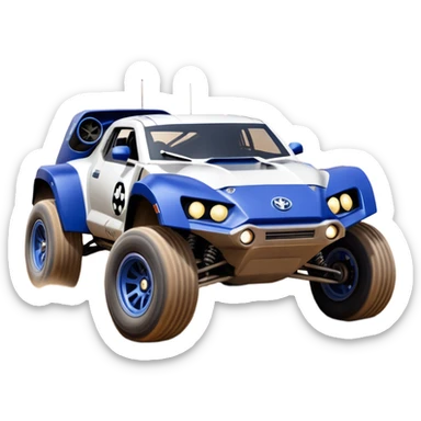 Star Wars storm trooper’s evil darkly night blue Dirty and dented Local Motors Rally Fighter off road race car hot rod meets 2013 Toyota 86 trophy truck-style basher flying down a dusty road (silver wheels) sticker