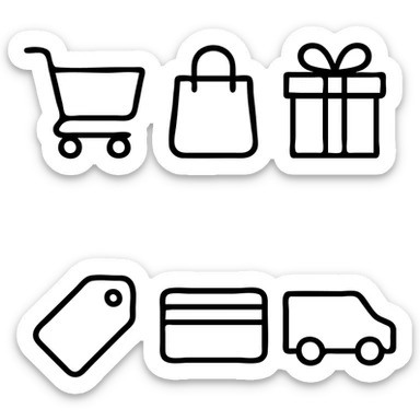 Hand Icons. Shopping cart, shopping bag, gift box, price tag, credit card, delivery van sticker