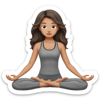 a brunette girl doing yoga, she is wearing a grey fit and she has dark long, wavy and loose hair.  sticker
