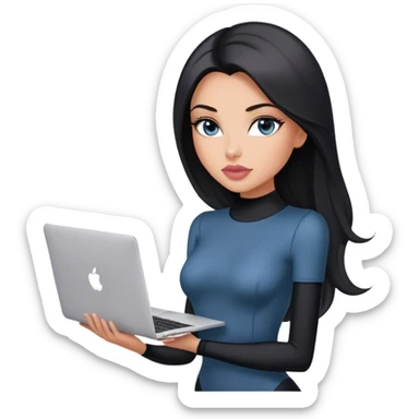 Glamours, tanned, very beautiful girl, with big pump peach-beige-rose lips, black straight smooth silky long hair, straight parting, blue-grey eyes, in short sleeves black bodysuit holding MacBook sticker
