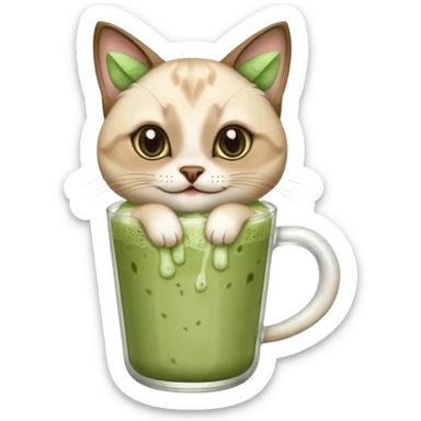 Happy Siamese Cat holding in its paws an iced matcha latte sticker