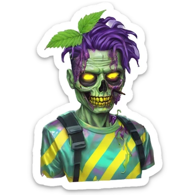 420 .Zombie_ Vaporwave black holographic oilslick zombie unicorn smoking yellow caution tape hemp leaves sticker
