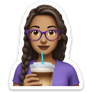 Brunette girl wearing purple glasses and drinking an ice coffee sticker