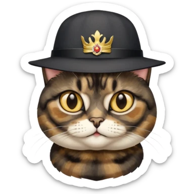 mostly black tortie cat, gold eyes, british hat sticker