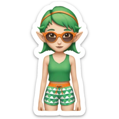 elf female legolas portrait, patterned board shorts (geometric/abstract), unique wooden-framed sunglasses, undercut hairstyle, slight smirk, visible pointy ears, no background, centered emoji, hipster summer vibe coctails sticker