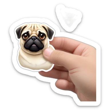 4k, Sticker design of funny pug dog, with chips in his hand, cute, meme, illustrative, simple, realistic sticker