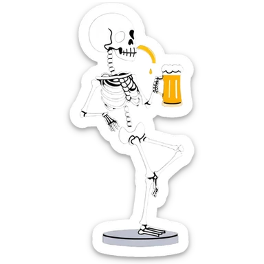 skeleton drinking a beer while balancing on one leg like a flamingo sticker
