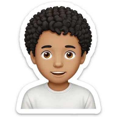 a black boy with a curly hair and a white t shirt no teet sticker
