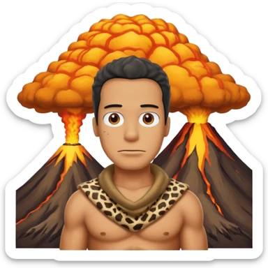 a simpson guy wearing ancient animal skin cloth with volcano behind, half body, icon sticker