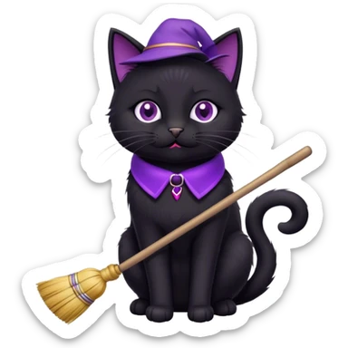 cute black cat with a broom, purple collar sticker