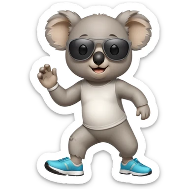 friendly anthropomorphised koala in casual clothing, wearing dark sunglasses, jogging upright in standard pose sticker