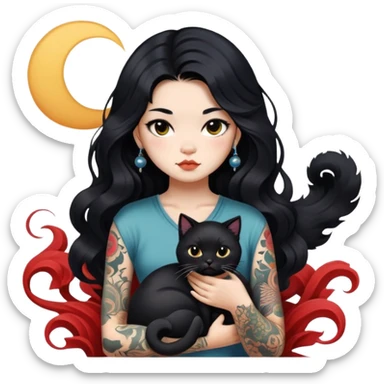 a Chinese girl with long black  Big Wave hair and tattoos and a black round faced cat sticker