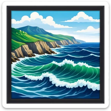 A vast view of the Black Sea with deep blue waves crashing against a rugged, green coastline under a cloudy sky sticker