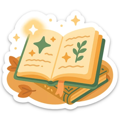 A cute open book lying on a cozy surface, designed in a soft and magical color palette: golden orange (FA9B41), deep forest green (4A7C5C), warm taupe brown (96775A), and pastel peach (FFCC9A). The pages are slightly aged with gentle curves, featuring whimsical illustrations, tiny stars, and elegant handwritten text. The book cover, visible beneath the open pages, has decorative patterns and a ribbon bookmark in peach and green tones. Around the book, add soft light, a few leaves, or glowing sparkles, creating a dreamy, enchanted, storybook-like atmosphere. The overall mood is warm, magical, and gentle sticker