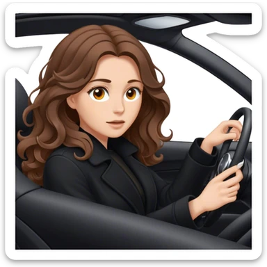 A thin white woman with long wavy brown hair in a black coat with brown eyes while driving a car and wearing silver rings and looks beautiful focused sticker