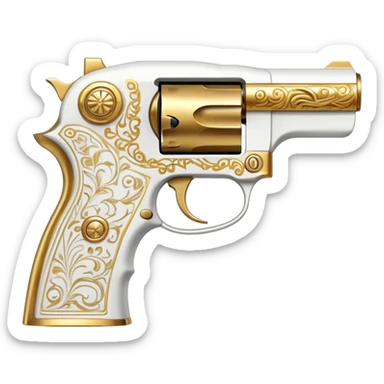 an artistic handgun, short but deadly, all white with golden decoration, unique shape sticker