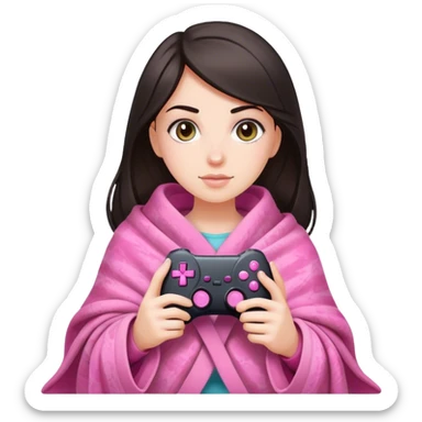 White girl with dark hair wrapped up in a blanket with a pink gaming controller in her hands sticker