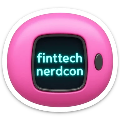 please create me a tamagotchi that syas fintech nerdcon on the screen, and make the style of the tamagotchi round and nerdy and gamer like. GTA style. PINK sticker