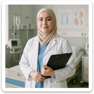 a hijabi midwife with pale skin, standing confidently, clipboard in hand, hospital background sticker