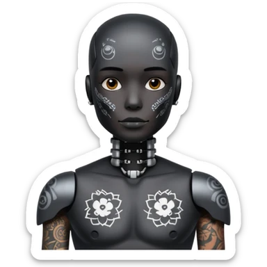 black Tatooed robot, big many tatooes on chest, neck and face, white tatoo on face sticker