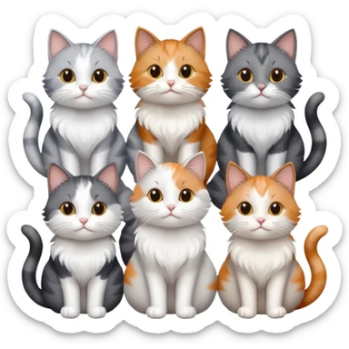 6 realistic looking cats with different natural coloured coats, assorted grey and white, greys, calico, brown and white colours etc
 sticker