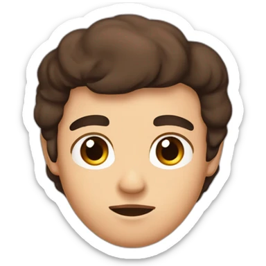 more square head, serios shut mouth, dense eyebrows, serious tired brown dark eyes,  wavy borwn dark hair that goes intil the ears lenght,  sticker