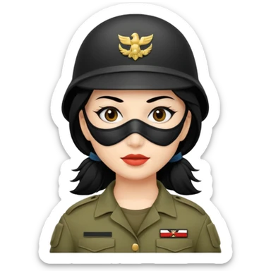 woman soldier with black hair and wearing mask sticker