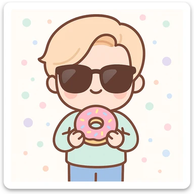 Add sunglasses to Justin Bieber while he holds a donut, keep kawaii style, cute kawaii style with sunglasses added on face, donut in hand visible clearly. sticker