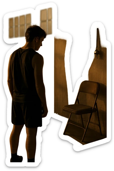cinematic a person stands alone on a running track or in a fitness studio, glancing toward an empty coach’s chair or whistle hanging on a hook. The absence of the coach is emphasized by a faint, transparent silhouette or shadow where the coach should be. The atmosphere is quiet and a bit disheartened. sticker