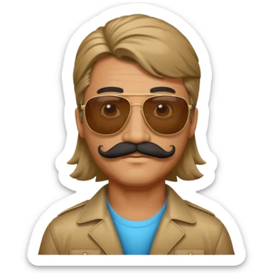 Guy wearing sunglasses, a mustache and a mullet sticker