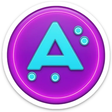 futuristic minimalistic emoji icon, letters "A" formed by three glowing digital lines representing Storm, Atom and NoizeGames, neon purple (#8B5CF6) and cyan (#00E0FF) on dark background, modern tech style, 1:1 aspect ratio sticker