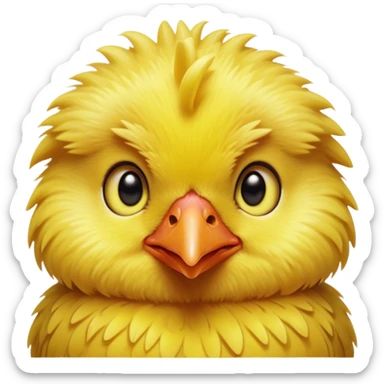 Cinematic Cute Yellow Baby Chicken Portrait Emoji, Head tilted playfully and inquisitively, featuring a fluffy, vibrant yellow downy coat with a tiny red comb, round, sparkling beady eyes filled with curiosity, Simplified yet irresistibly adorable features, highly detailed, glowing with a warm, friendly glow, high shine, affectionate and lively, stylized with a touch of playful whimsy, bright and endearing, soft glowing outline, capturing the essence of a mischievous yet loving chick, so playful it feels like it could peep out of the screen and into your arms! sticker