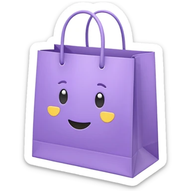 A cute emoji-style illustration of a purple paper shopping bag, pastel purple color, rounded shape, simple clean lines, kawaii style, soft shading, minimal details, centered composition, transparent background sticker