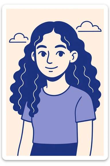 portrait of a girl with long curly brown hair type 3a and dark brown eyes, modern cartoon style sticker
