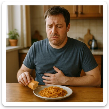 A man in his mid-30s sitting at a kitchen table with a plate of pasta and bread in front of him, looking uncomfortable and conflicted. His facial expression shows bloating, fatigue, and mild abdominal pain. One hand is on his stomach, the other hesitating to eat. sticker