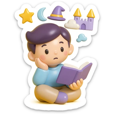 beginner author, thoughtful, imagining various fantasy worlds, using a color palette of soft pastel colors with accents of gold and deep purple sticker