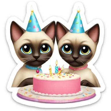 two siamese cats at a birthday party eating cake sticker