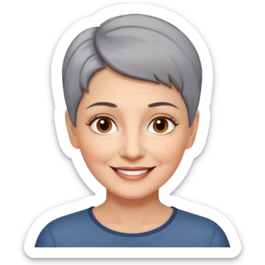 woman 60 years old, shaved short uncombed dark grey hair, brown eyes smile sticker