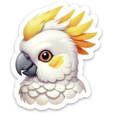 Cinematic Cute Cockatoo Portrait Emoji, Head tilted playfully and inquisitively, featuring a charming, fluffy form with a vividly colored crest, round, sparkling eyes full of playful wonder, and a soft, curved beak, Simplified yet irresistibly adorable features, highly detailed, glowing with a warm, inviting tropical glow, high shine, affectionate and lively, stylized with a touch of whimsical avian charm, soft glowing outline, capturing the essence of a mischievous yet loving cockatoo that seems as if it could flutter out of the screen into your arms! sticker