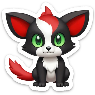 Cute cool black red animal hybrid Fakemon full body, green eyes, white belly, white muzzle sticker